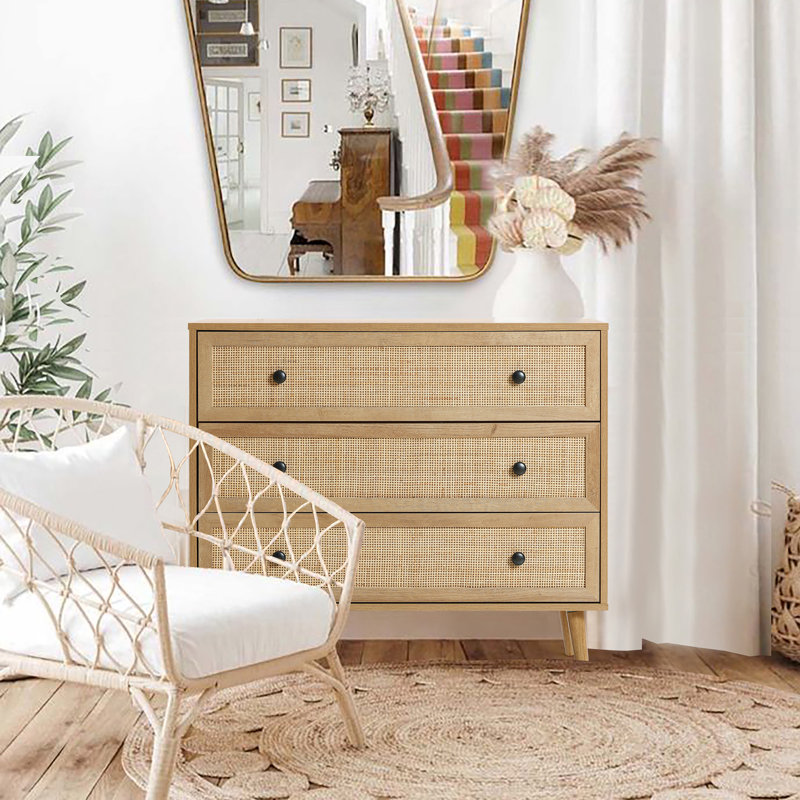 Zahra 3 Drawer Rattan Light Oak Finish Wood Dresser